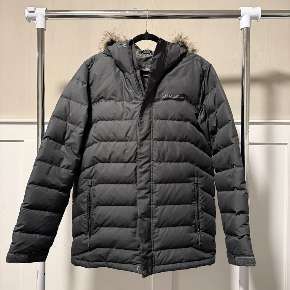 Eddie Bauer Charcoal Puffer Jacket with Fur Trim Hood